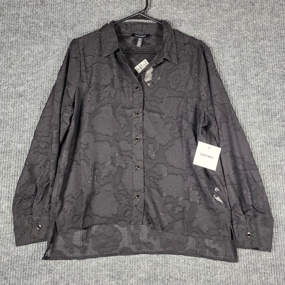 Ellen Tracy NWT Black Floral Jacquard Button Front‎ Blouse Women Medium